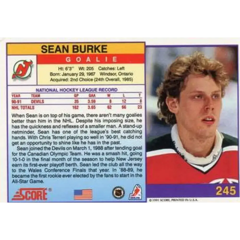 1991-92 Score American #245 Sean Burke NM-MT New Jersey Devils Hockey Card - Hockey Card Single