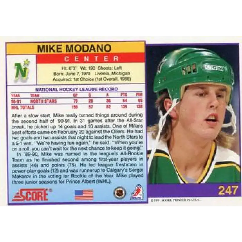 1991-92 Score American #247 Mike Modano NM-MT Minnesota North Stars Hockey Card - Hockey Card Single