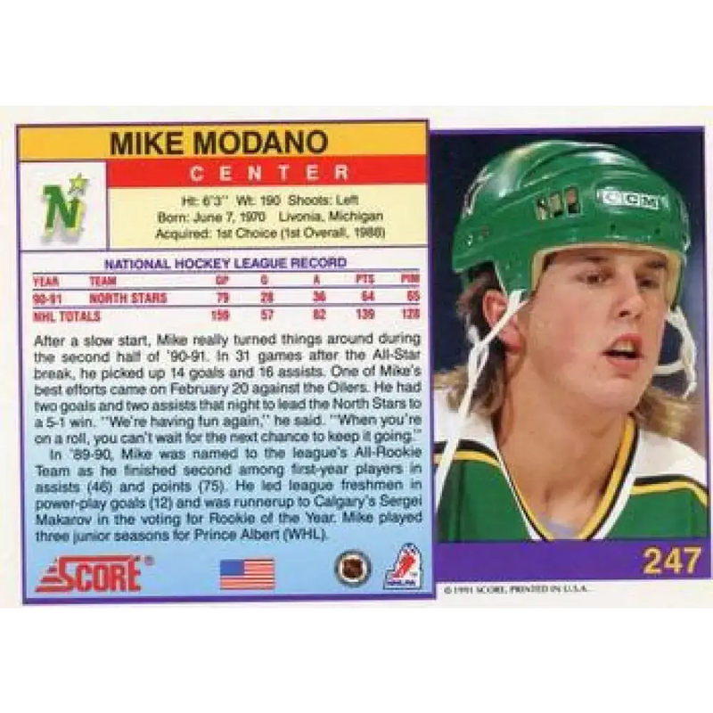 1991-92 Score American #247 Mike Modano NM-MT Minnesota North Stars Hockey Card - Hockey Card Single