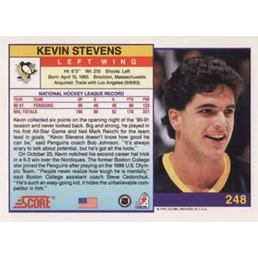 1991-92 Score American #248 Kevin Stevens NM-MT Pittsburgh Penguins Hockey Card - Hockey Card Single