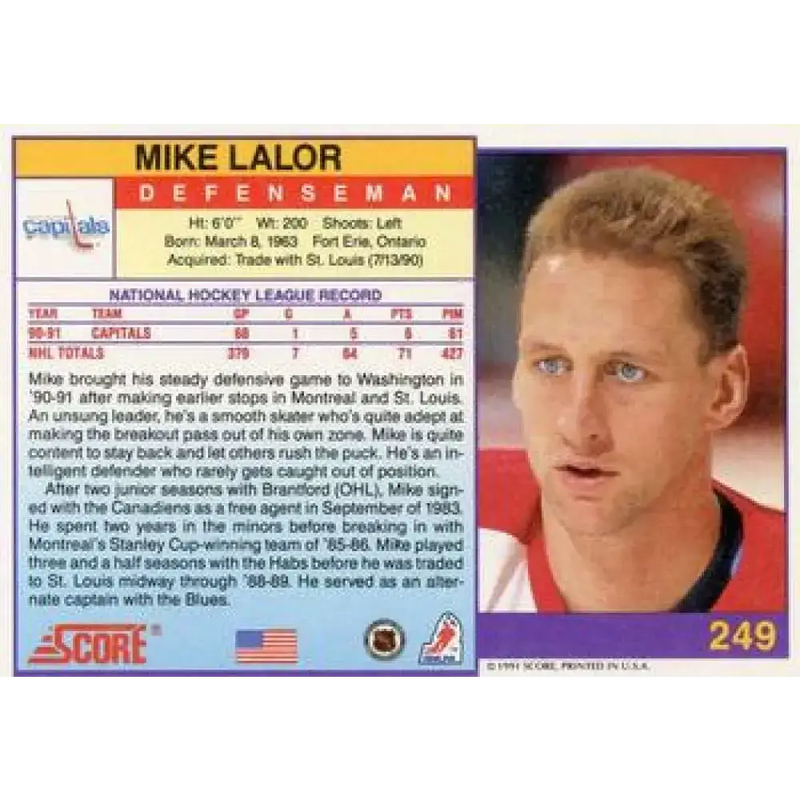 1991-92 Score American #249 Mike Lalor NM-MT Washington Capitals Hockey Card - Hockey Card Single