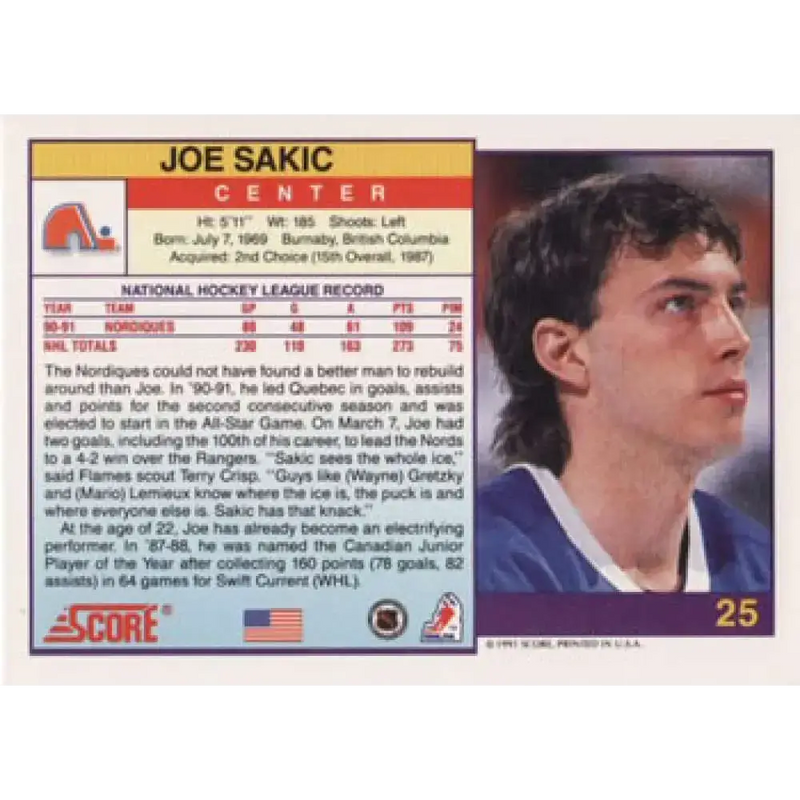 1991-92 Score American #25 Joe Sakic NM-MT Quebec Nordiques Hockey Card - Hockey Card Single