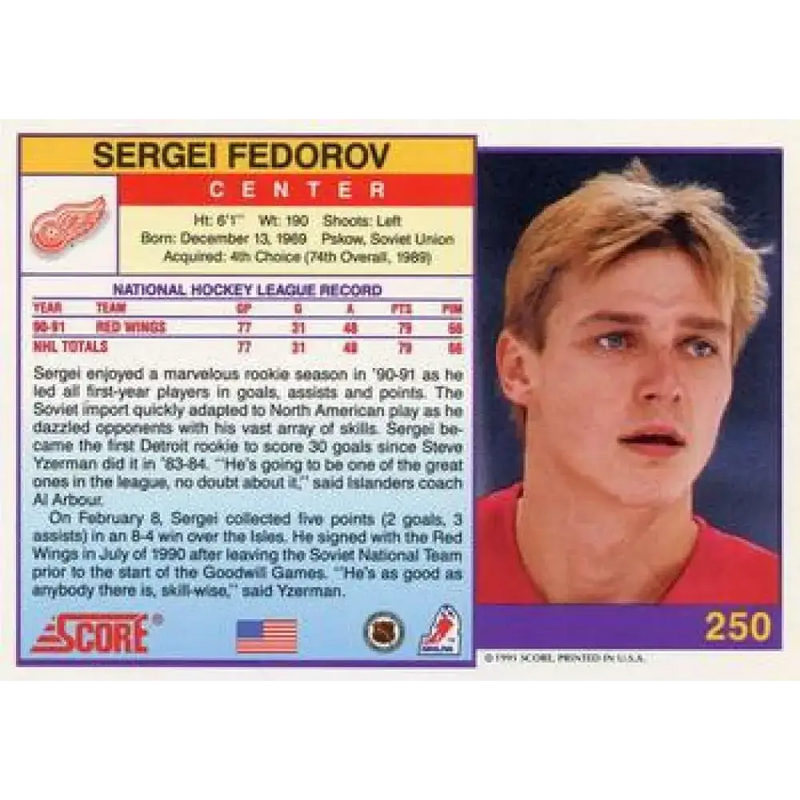 1991-92 Score American #250 Sergei Fedorov NM-MT Detroit Red Wings Hockey Card - Hockey Card Single