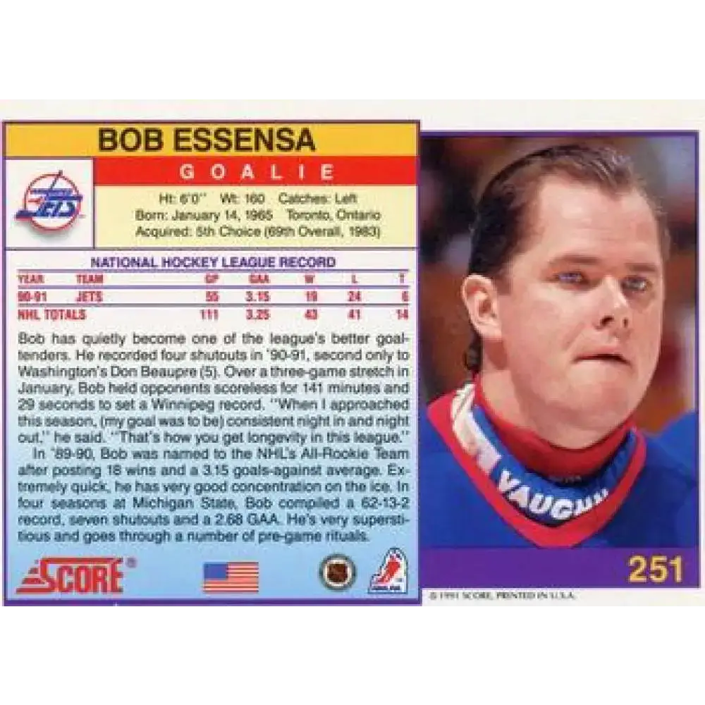 1991-92 Score American #251 Bob Essensa NM-MT Winnipeg Jets Hockey Card - Hockey Card Single