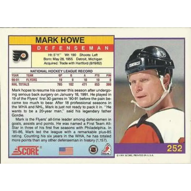 1991-92 Score American #252 Mark Howe NM-MT Philadelphia Flyers Hockey Card - Hockey Card Single