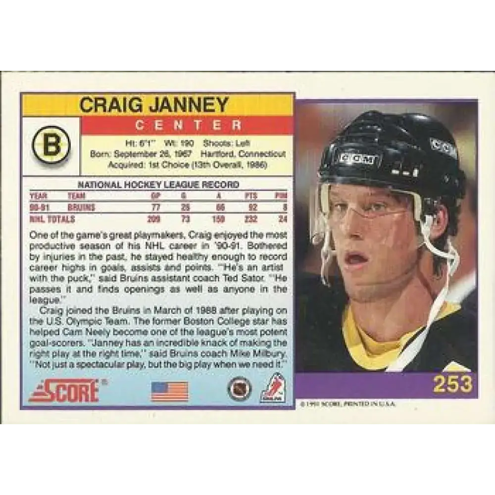 1991-92 Score American #253 Craig Janney NM-MT Boston Bruins Hockey Card - Hockey Card Single