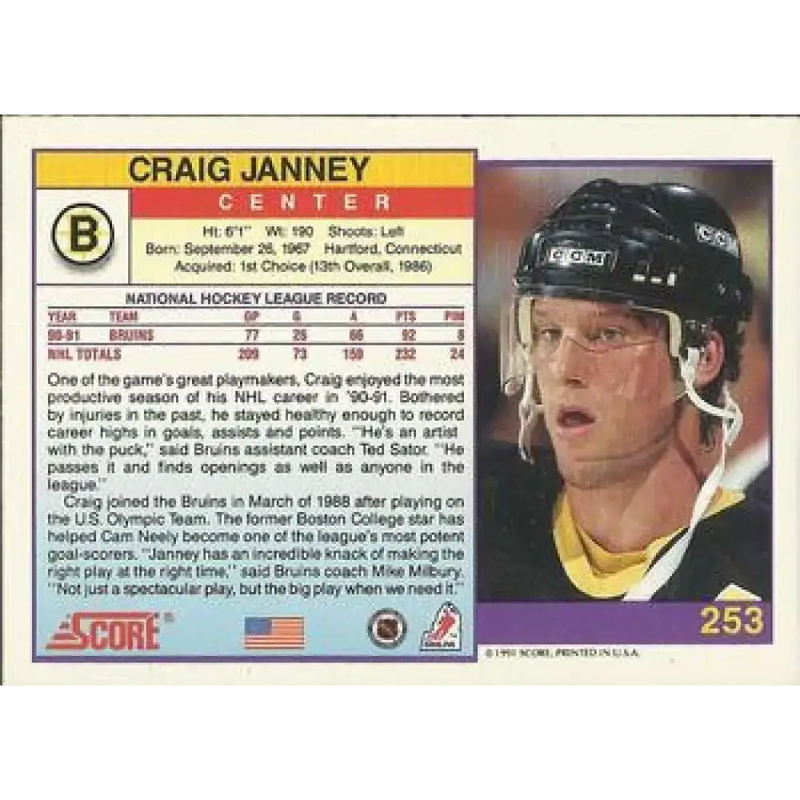 1991-92 Score American #253 Craig Janney NM-MT Boston Bruins Hockey Card - Hockey Card Single