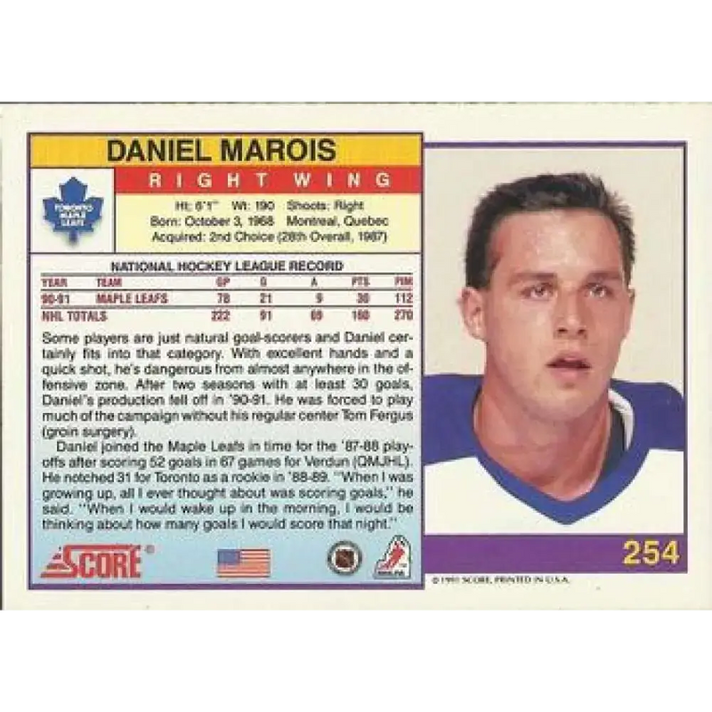 1991-92 Score American #254 Daniel Marois NM-MT Toronto Maple Leafs Hockey Card - Hockey Card Single