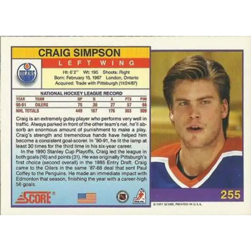 1991-92 Score American #255 Craig Simpson NM-MT Edmonton Oilers Hockey Card - Hockey Card Single