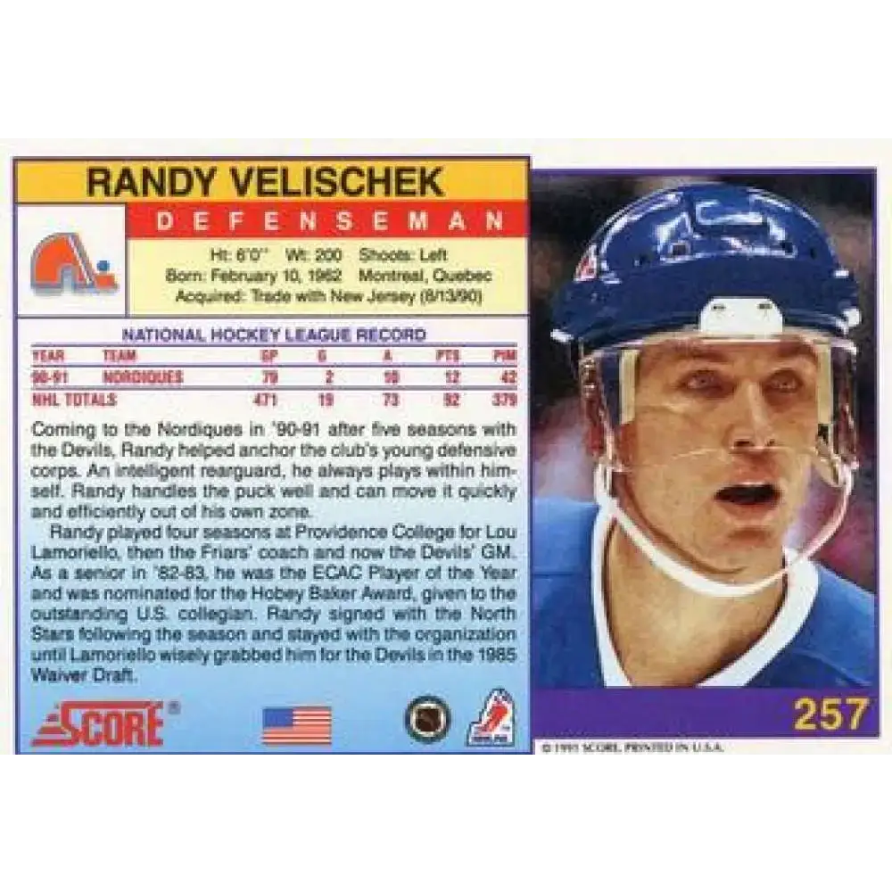 1991-92 Score American #257 Randy Velischek NM-MT Quebec Nordiques Hockey Card - Hockey Card Single