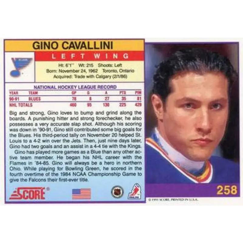 1991-92 Score American #258 Gino Cavallini NM-MT St. Louis Blues Hockey Card - Hockey Card Single