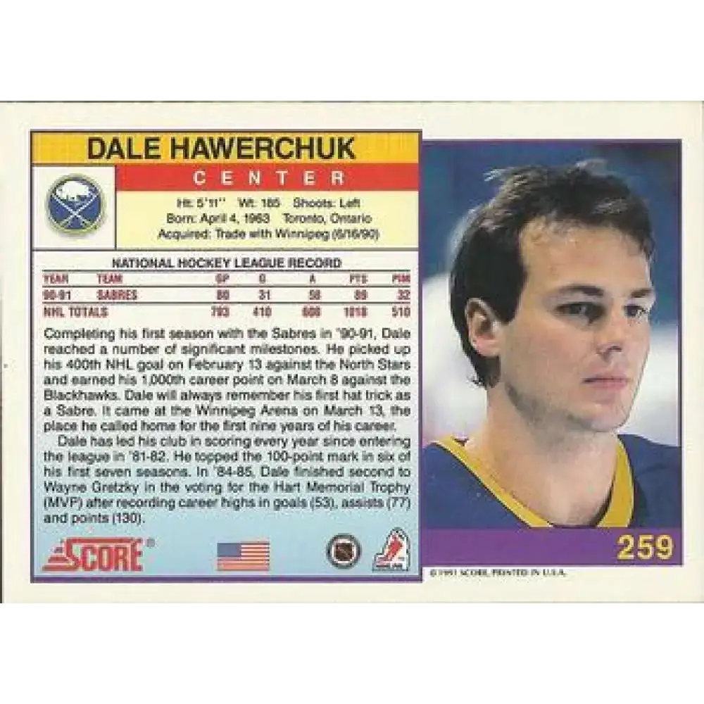 1991-92 Score American #259 Dale Hawerchuk NM-MT Buffalo Sabres Hockey Card