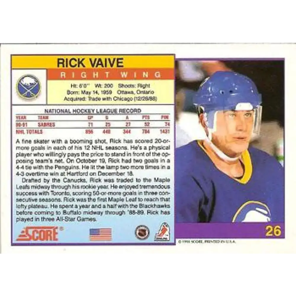 1991-92 Score American #26 Rick Vaive NM-MT Buffalo Sabres Hockey Card - Hockey Card Single