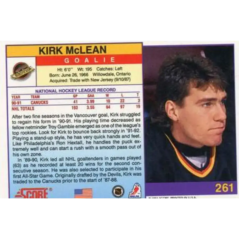 1991-92 Score American #261 Kirk McLean NM-MT Vancouver Canucks Hockey Card - Hockey Card Single