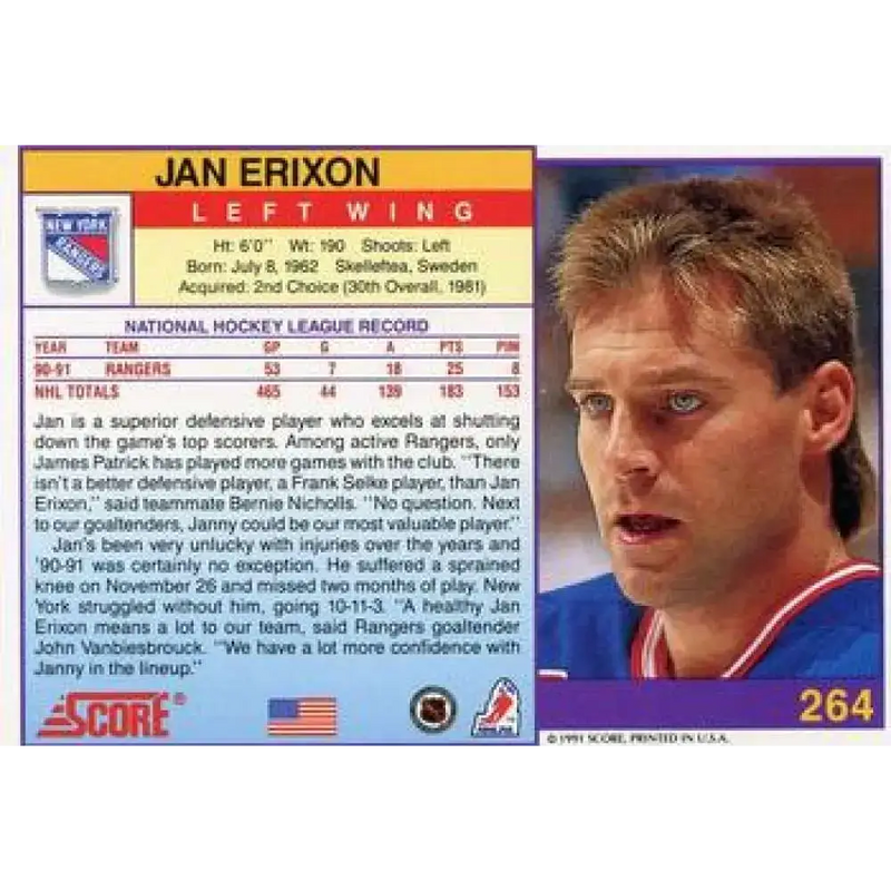 1991-92 Score American #264 Jan Erixon NM-MT New York Rangers Hockey Card
