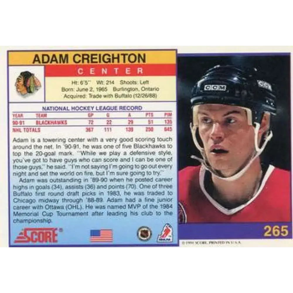 1991-92 Score American #265 Adam Creighton NM-MT Chicago Blackhawks Hockey Card - Hockey Card Single