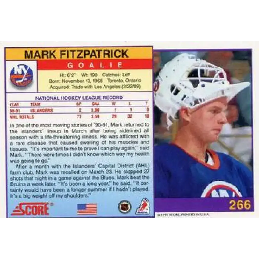 1991-92 Score American #266 Mark Fitzpatrick NM-MT New York Islanders Hockey Card - Hockey Card Single