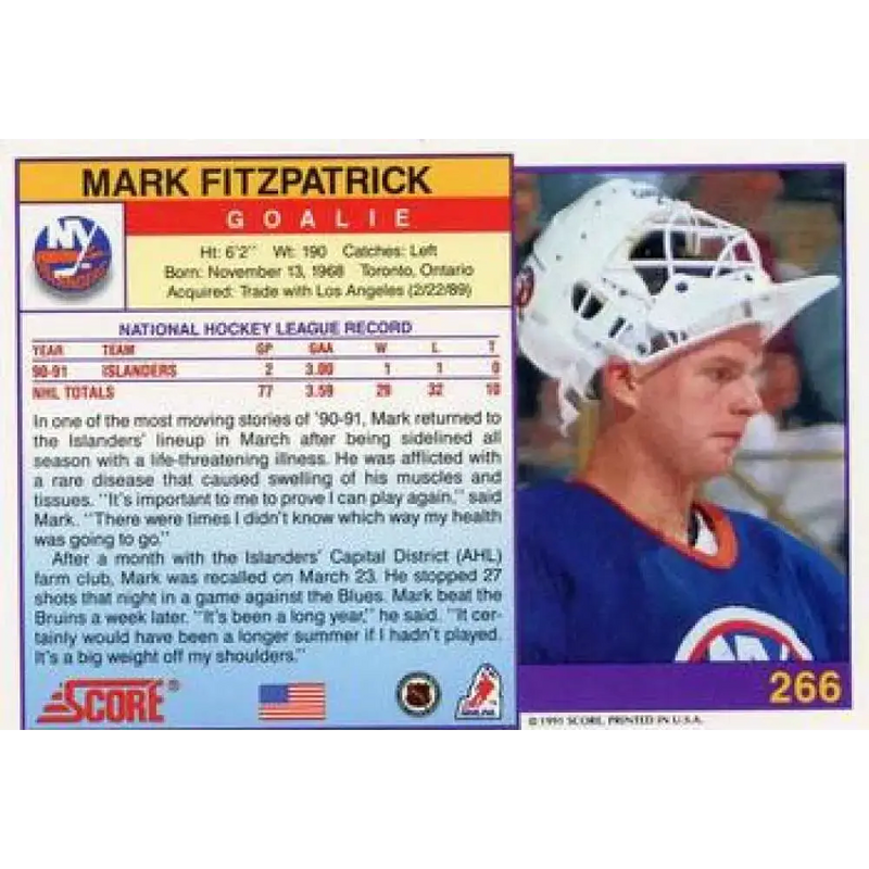 1991-92 Score American #266 Mark Fitzpatrick NM-MT New York Islanders Hockey Card - Hockey Card Single