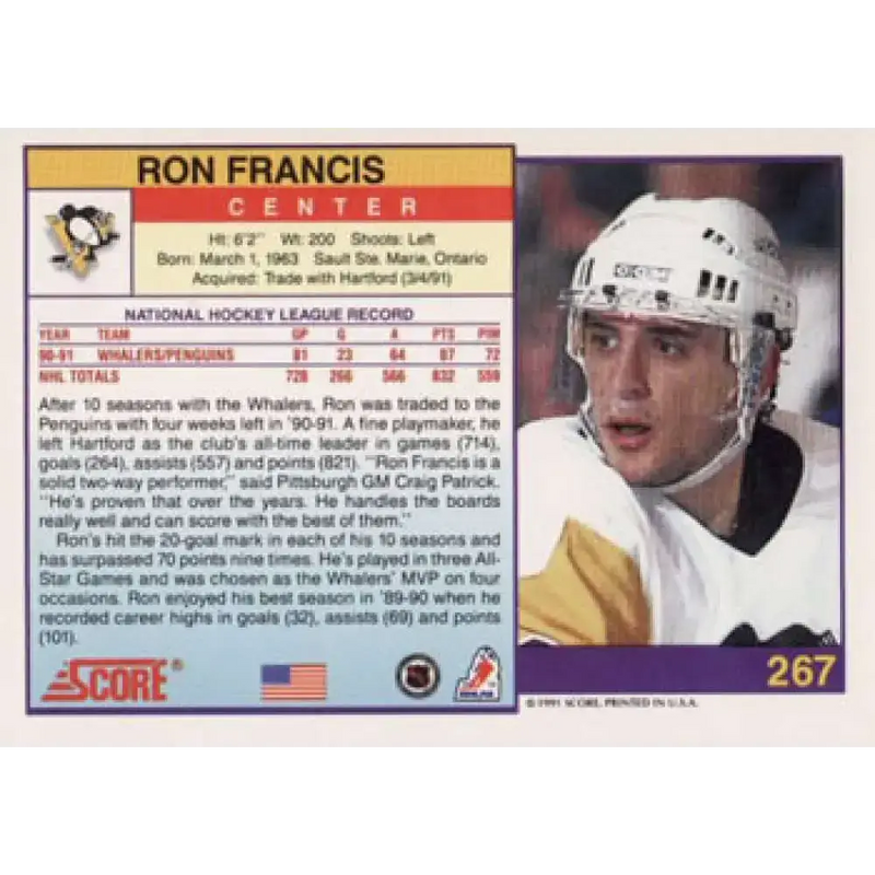 1991-92 Score American #267 Ron Francis NM-MT Pittsburgh Penguins Hockey Card - Hockey Card Single