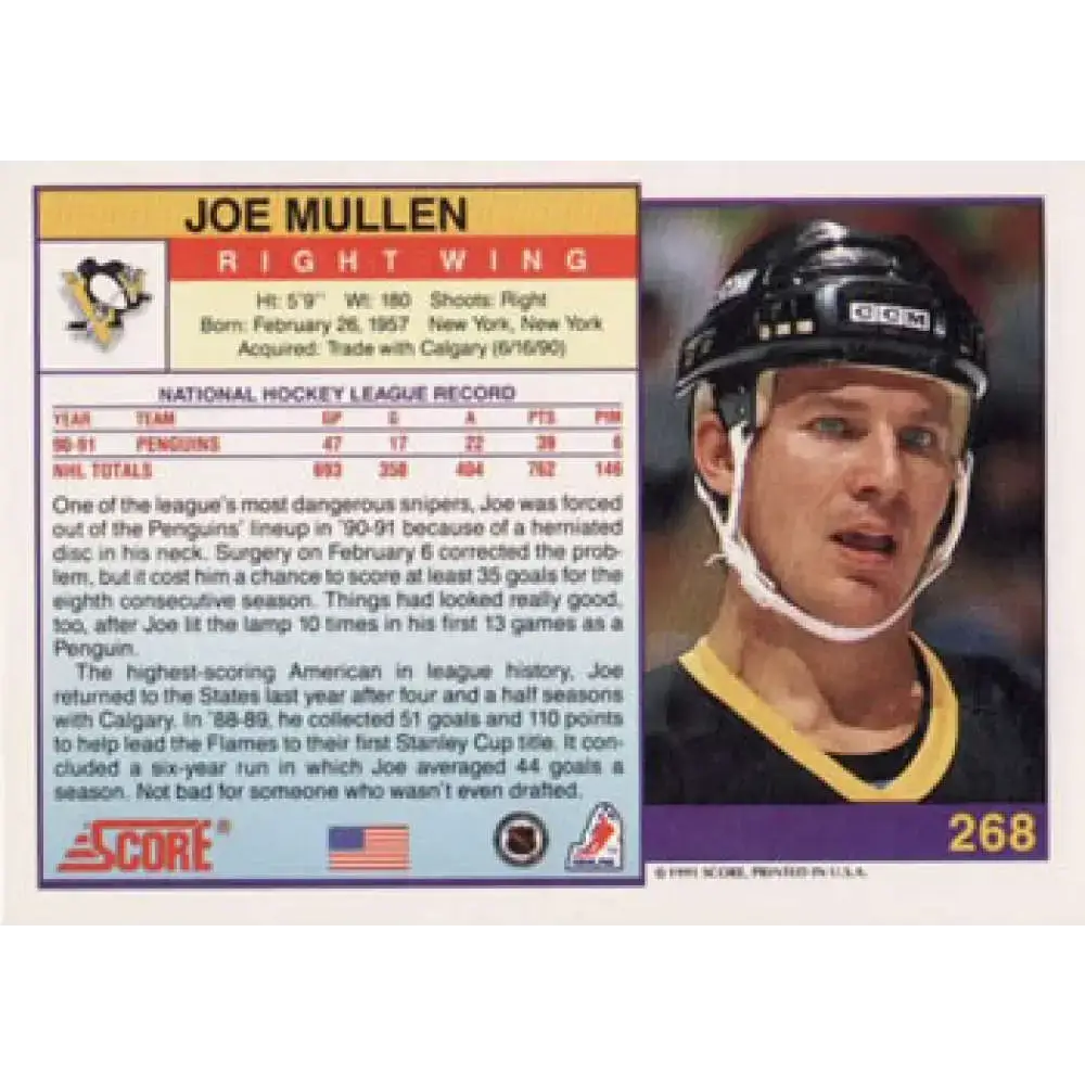 1991-92 Score American #268 Joe Mullen NM-MT Pittsburgh Penguins Hockey Card - Hockey Card Single