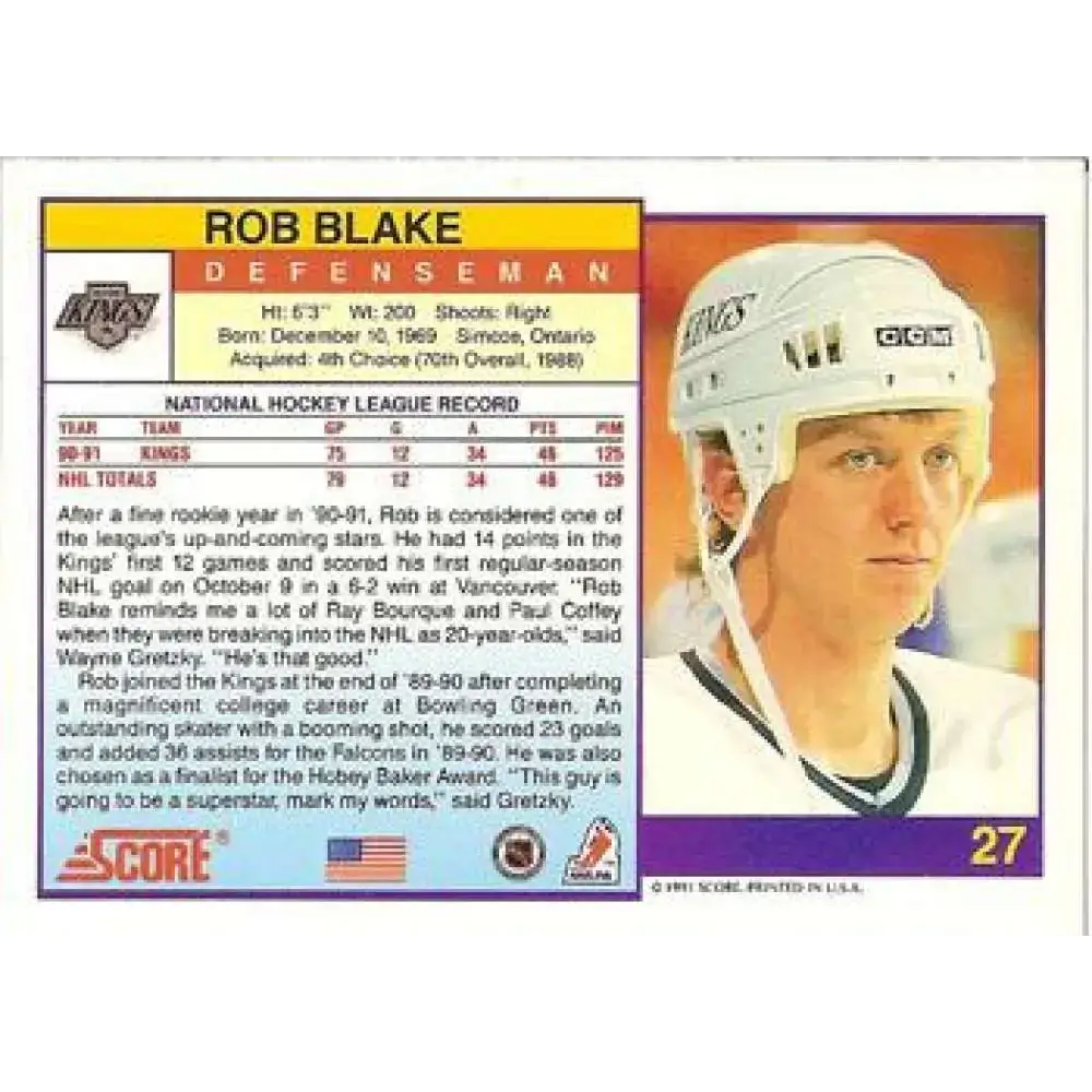 1991-92 Score American #27 Rob Blake NM-MT Los Angeles Kings Hockey Card - Hockey Card Single