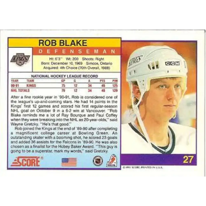 1991-92 Score American #27 Rob Blake NM-MT Los Angeles Kings Hockey Card - Hockey Card Single