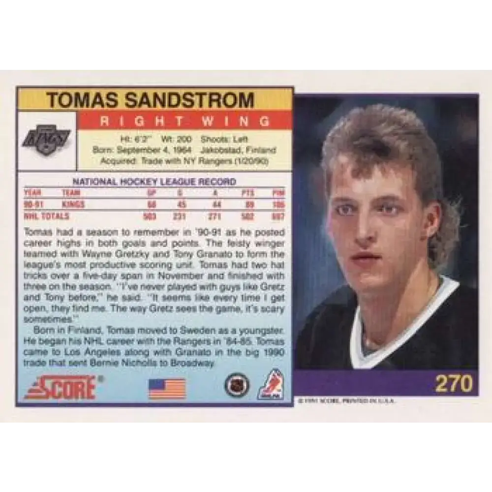 1991-92 Score American #270 Tomas Sandstrom NM-MT Los Angeles Kings Hockey Card - Hockey Card Single