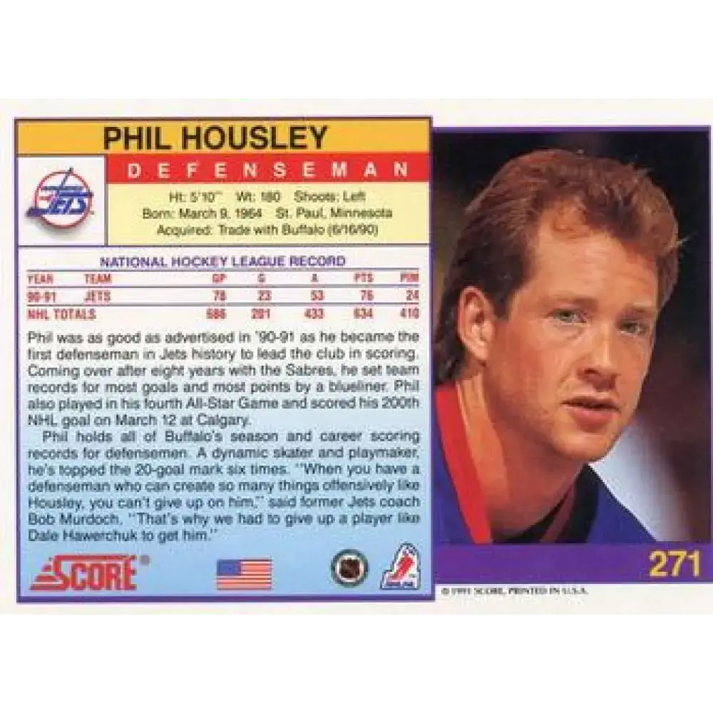 1991-92 Score American #271 Phil Housley NM-MT Winnipeg Jets Hockey Card - Hockey Card Single
