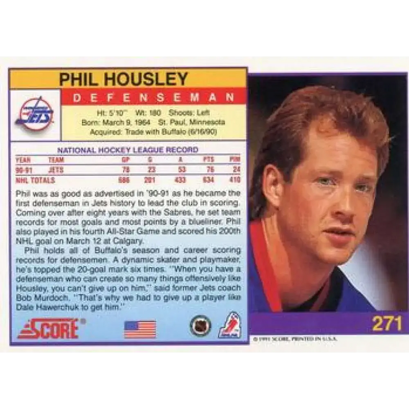 1991-92 Score American #271 Phil Housley NM-MT Winnipeg Jets Hockey Card - Hockey Card Single