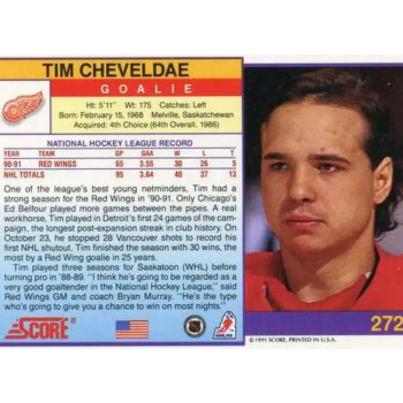 1991-92 Score American #272 Tim Cheveldae NM-MT Detroit Red Wings Hockey Card - Hockey Card Single