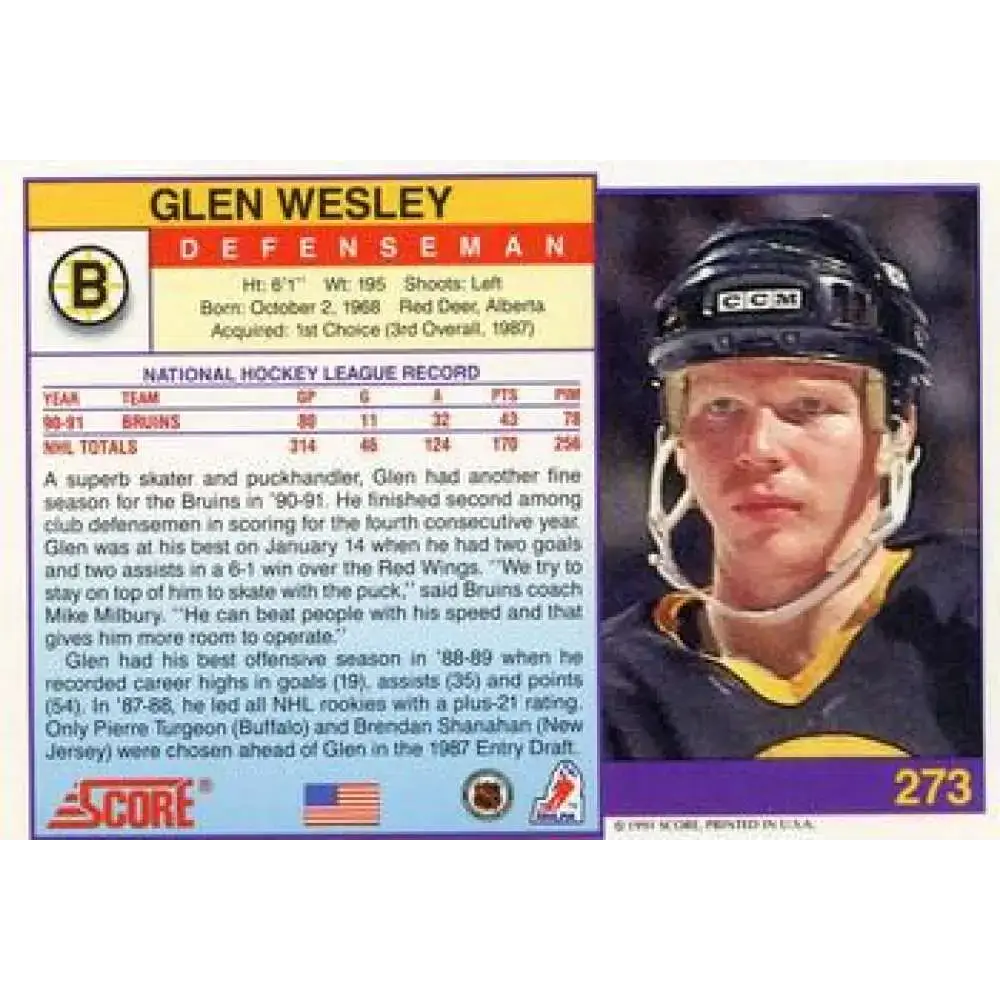 1991-92 Score American #273 Glen Wesley NM-MT Boston Bruins Hockey Card - Hockey Card Single