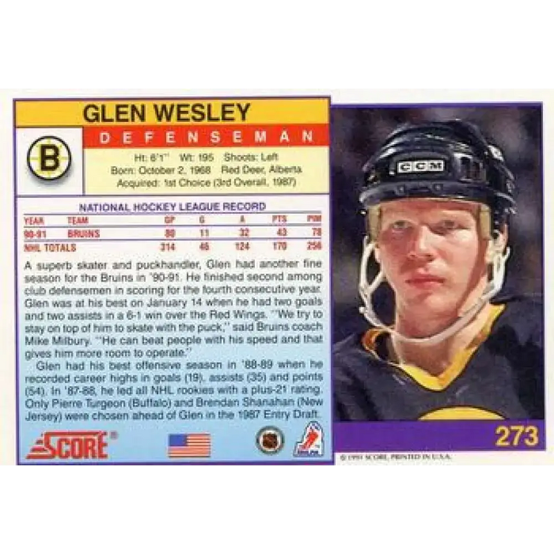 1991-92 Score American #273 Glen Wesley NM-MT Boston Bruins Hockey Card - Hockey Card Single