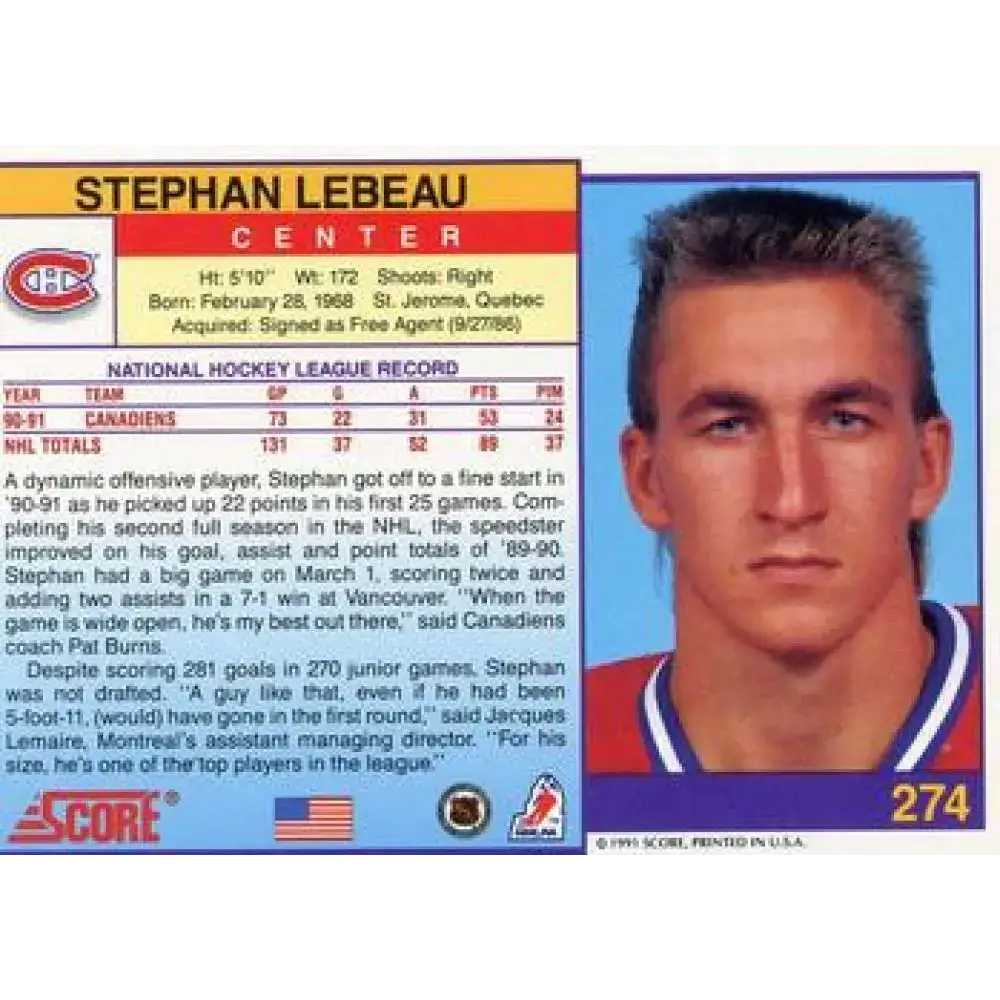 1991-92 Score American #274 Stephan Lebeau NM-MT Montreal Canadiens Hockey Card - Hockey Card Single