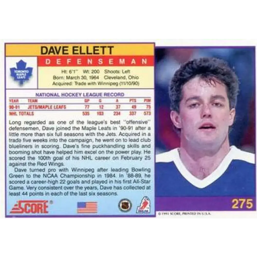 1991-92 Score American #275 Dave Ellett NM-MT Toronto Maple Leafs Hockey Card - Hockey Card Single