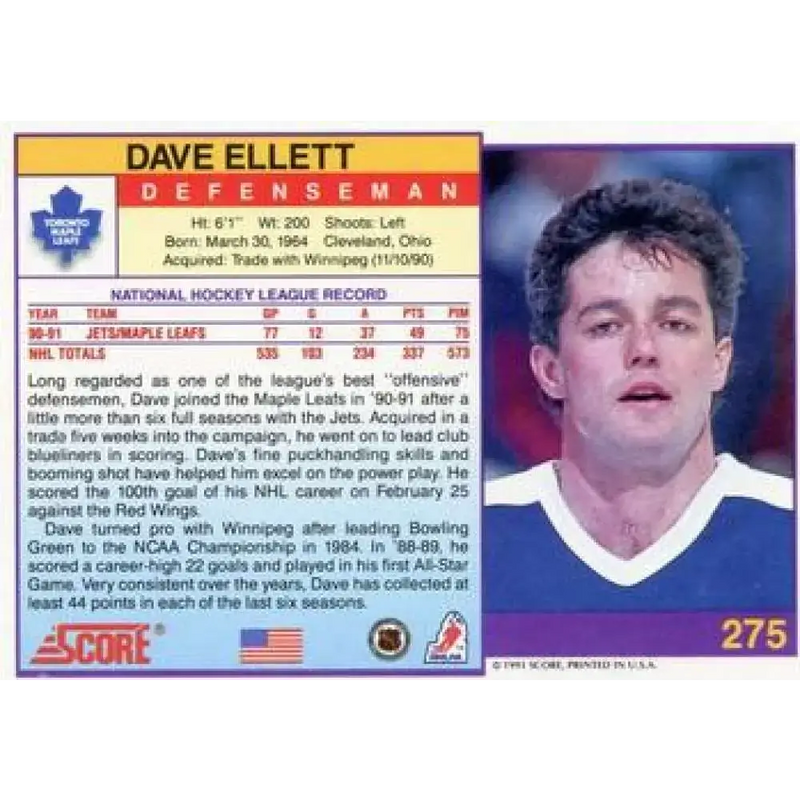 1991-92 Score American #275 Dave Ellett NM-MT Toronto Maple Leafs Hockey Card - Hockey Card Single