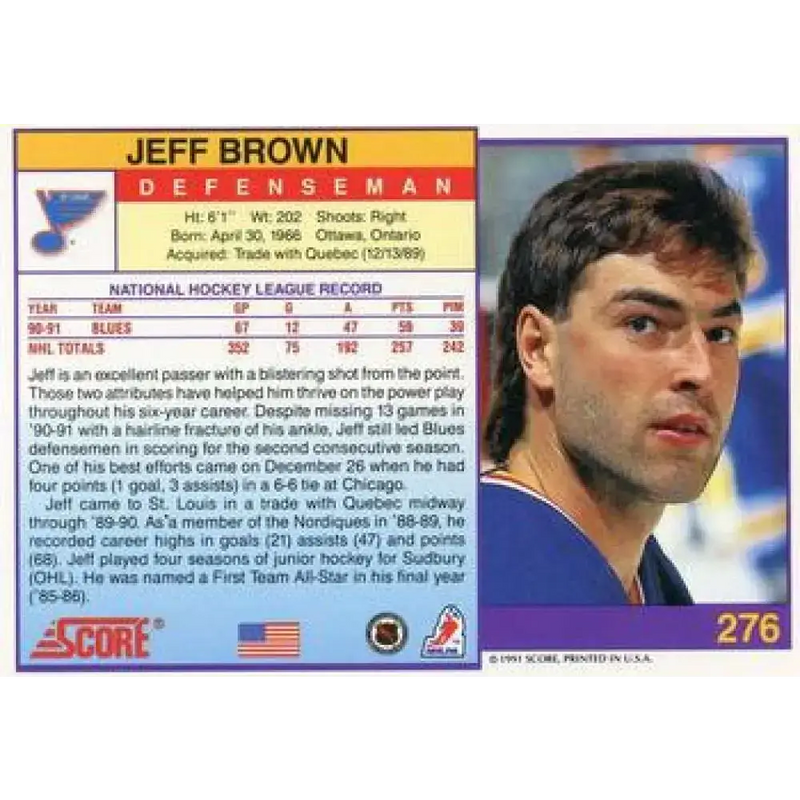 1991-92 Score American #276 Jeff Brown NM-MT St. Louis Blues Hockey Card - Hockey Card Single