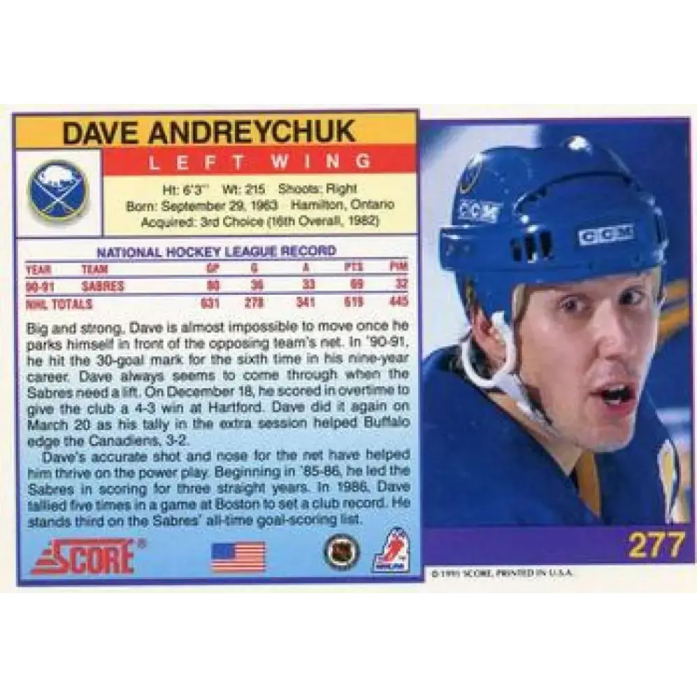 1991-92 Score American #277 Dave Andreychuk NM-MT Buffalo Sabres Hockey Card - Hockey Card Single