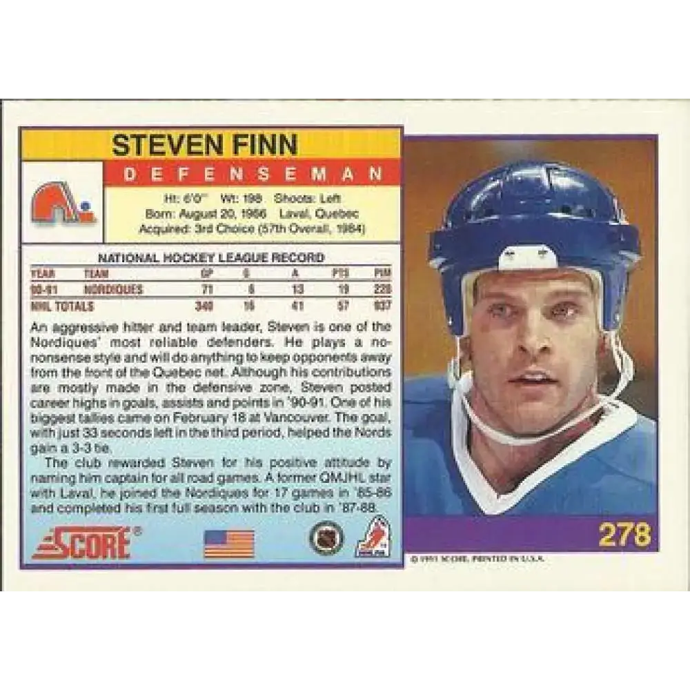 1991-92 Score American #278 Steven Finn NM-MT Quebec Nordiques Hockey Card - Hockey Card Single