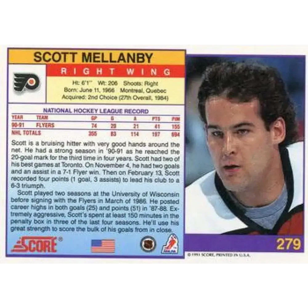 1991-92 Score American #279 Scott Mellanby NM-MT Philadelphia Flyers Hockey Card - Hockey Card Single