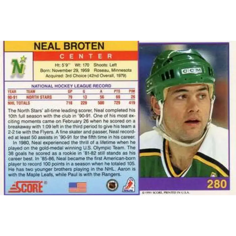 1991-92 Score American #280 Neal Broten NM-MT Minnesota North Stars Hockey Card - Hockey Card Single
