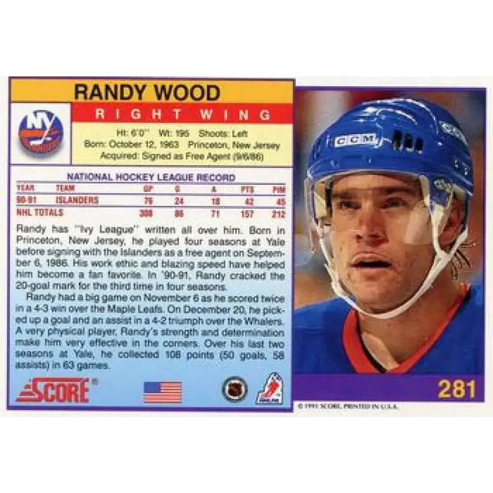 1991-92 Score American #281 Randy Wood NM-MT New York Islanders Hockey Card - Hockey Card Single