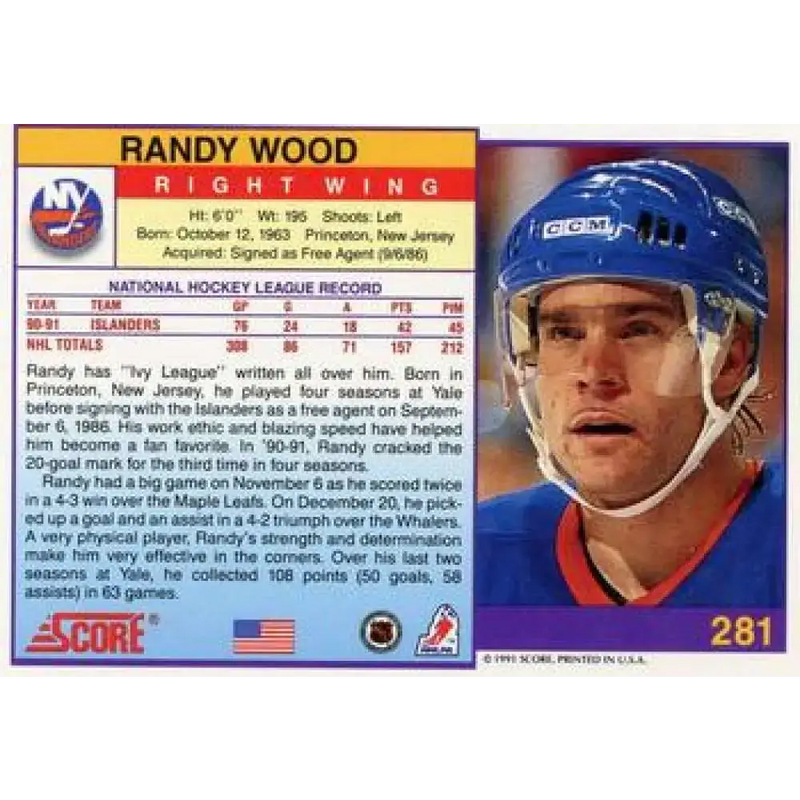 1991-92 Score American #281 Randy Wood NM-MT New York Islanders Hockey Card - Hockey Card Single