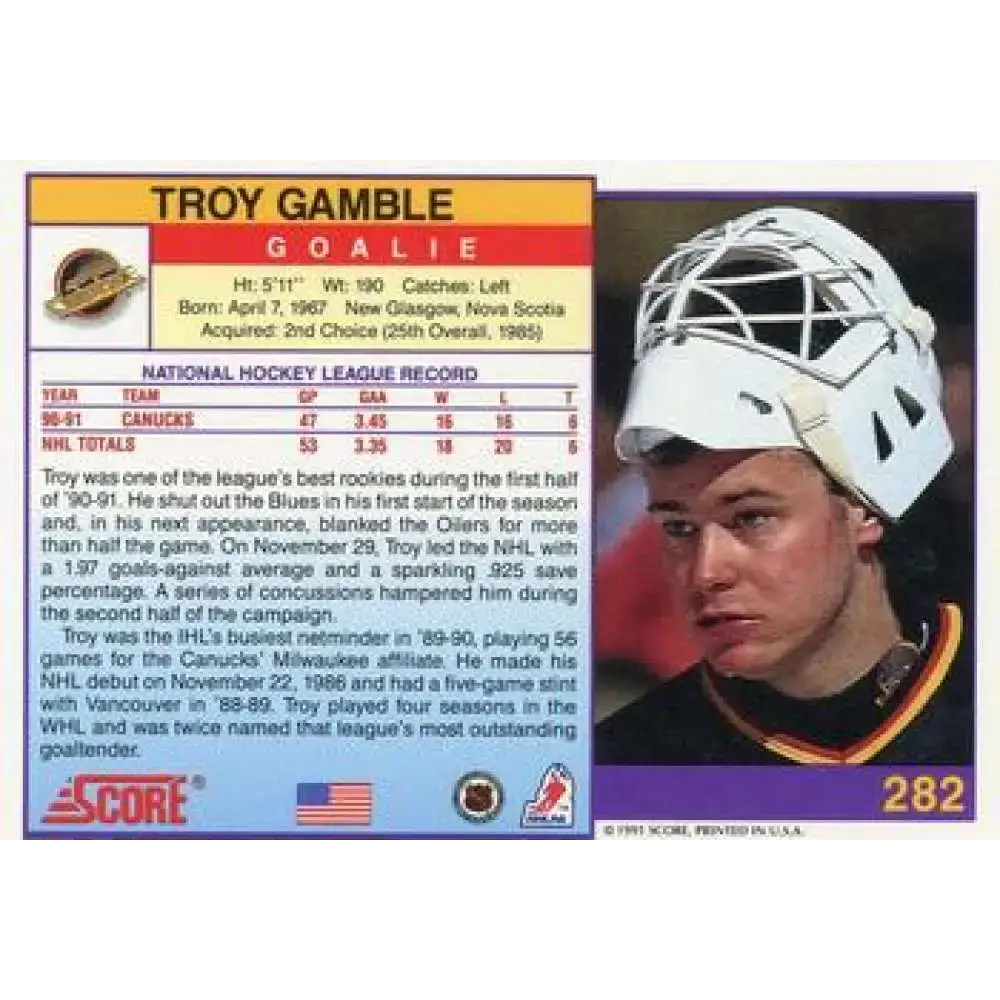 1991-92 Score American #282 Troy Gamble NM-MT Vancouver Canucks Hockey Card - Hockey Card Single