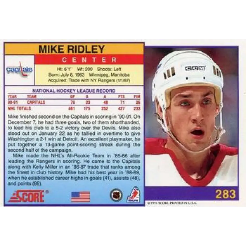 1991-92 Score American #283 Mike Ridley NM-MT Washington Capitals Hockey Card - Hockey Card Single