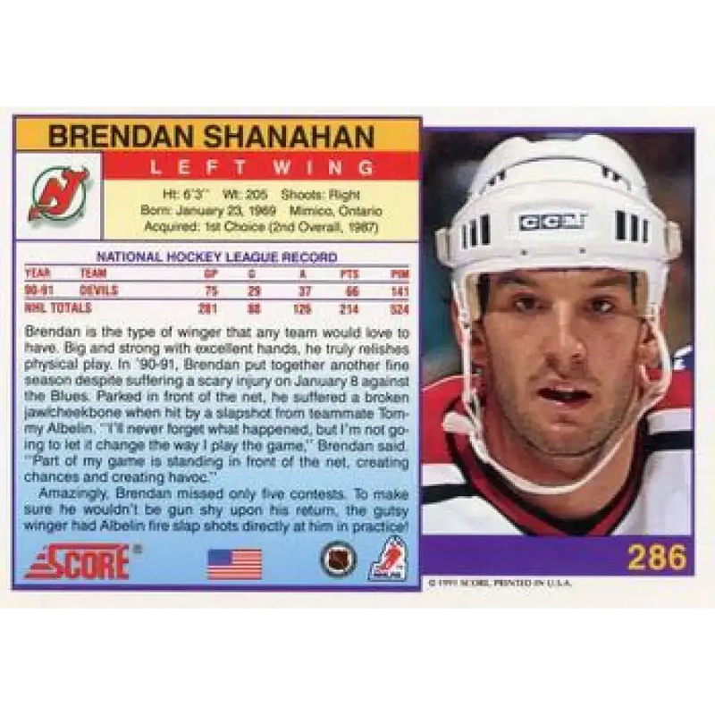 1991-92 Score American #286 Brendan Shanahan NM-MT New Jersey Devils Hockey Card - Hockey Card Single