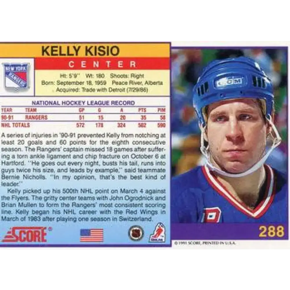 1991-92 Score American #288 Kelly Kisio NM-MT New York Rangers Hockey Card