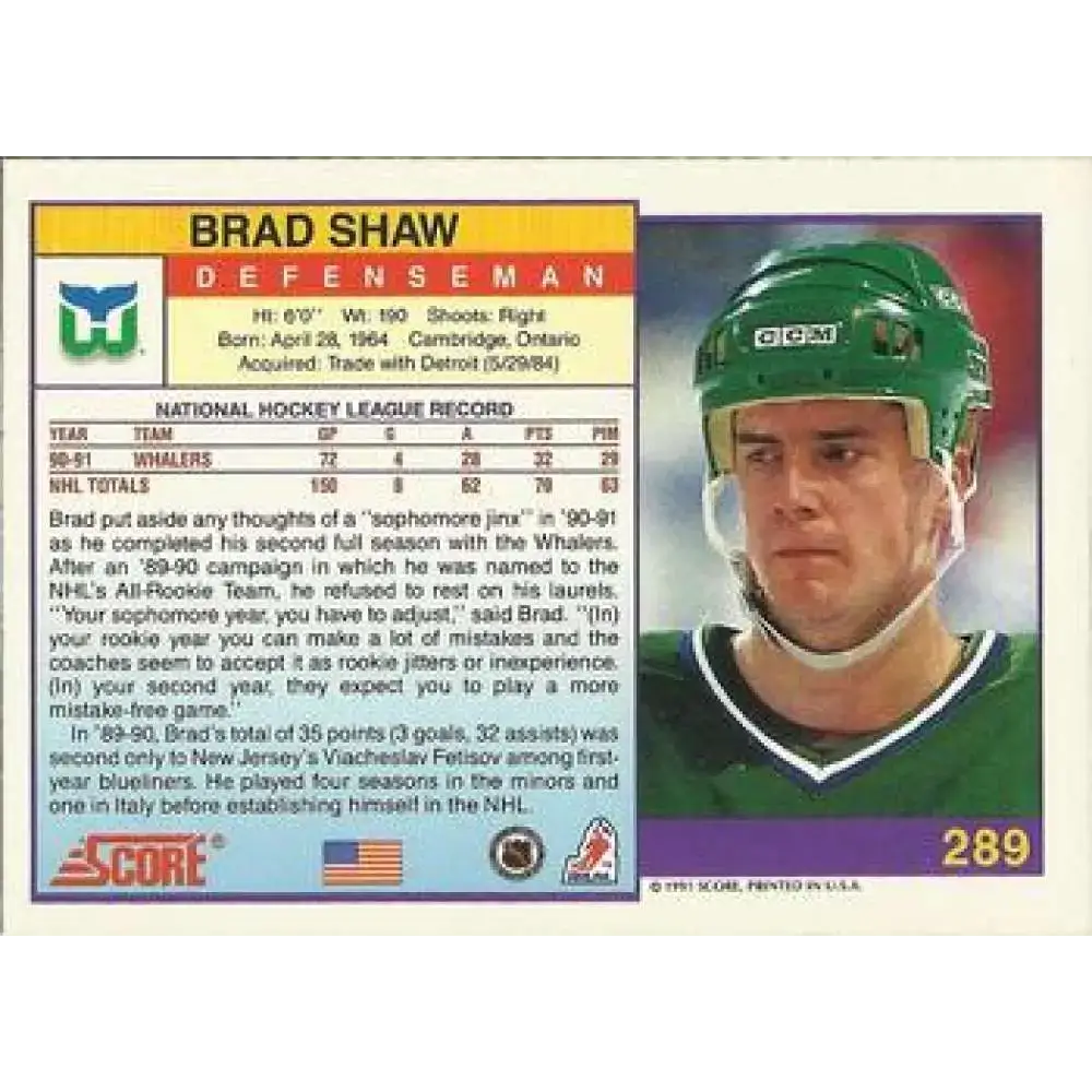 1991-92 Score American #289 Brad Shaw NM-MT Hartford Whalers Hockey Card - Hockey Card Single