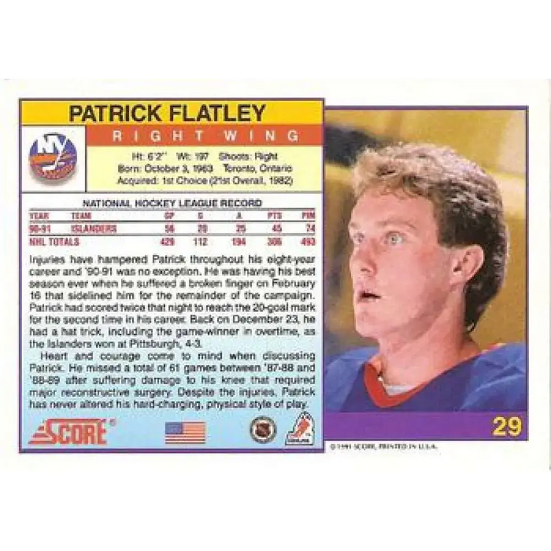 1991-92 Score American #29 Pat Flatley NM-MT New York Islanders Hockey Card - Hockey Card Single