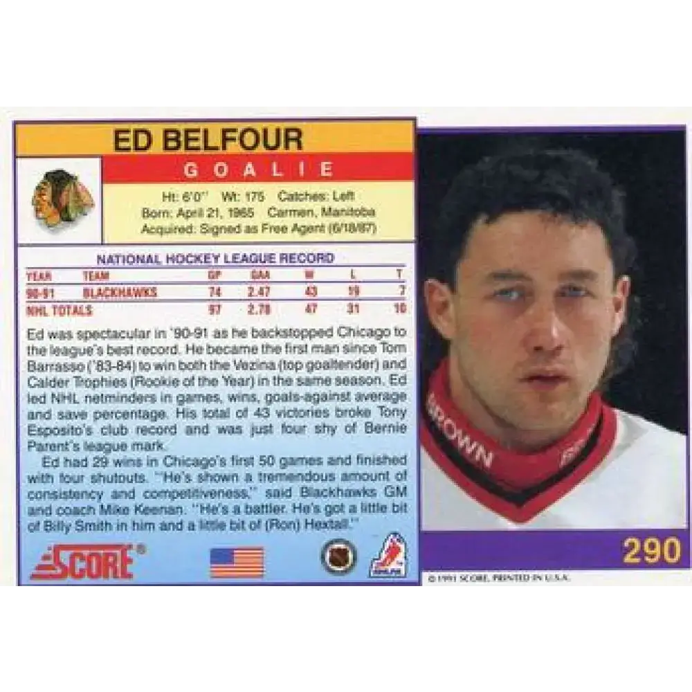 1991-92 Score American #290 Ed Belfour NM-MT Chicago Blackhawks Hockey Card - Hockey Card Single