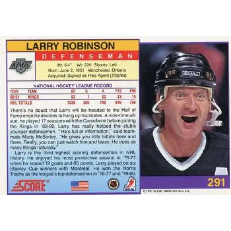 1991-92 Score American #291 Larry Robinson NM-MT Los Angeles Kings Hockey Card - Hockey Card Single